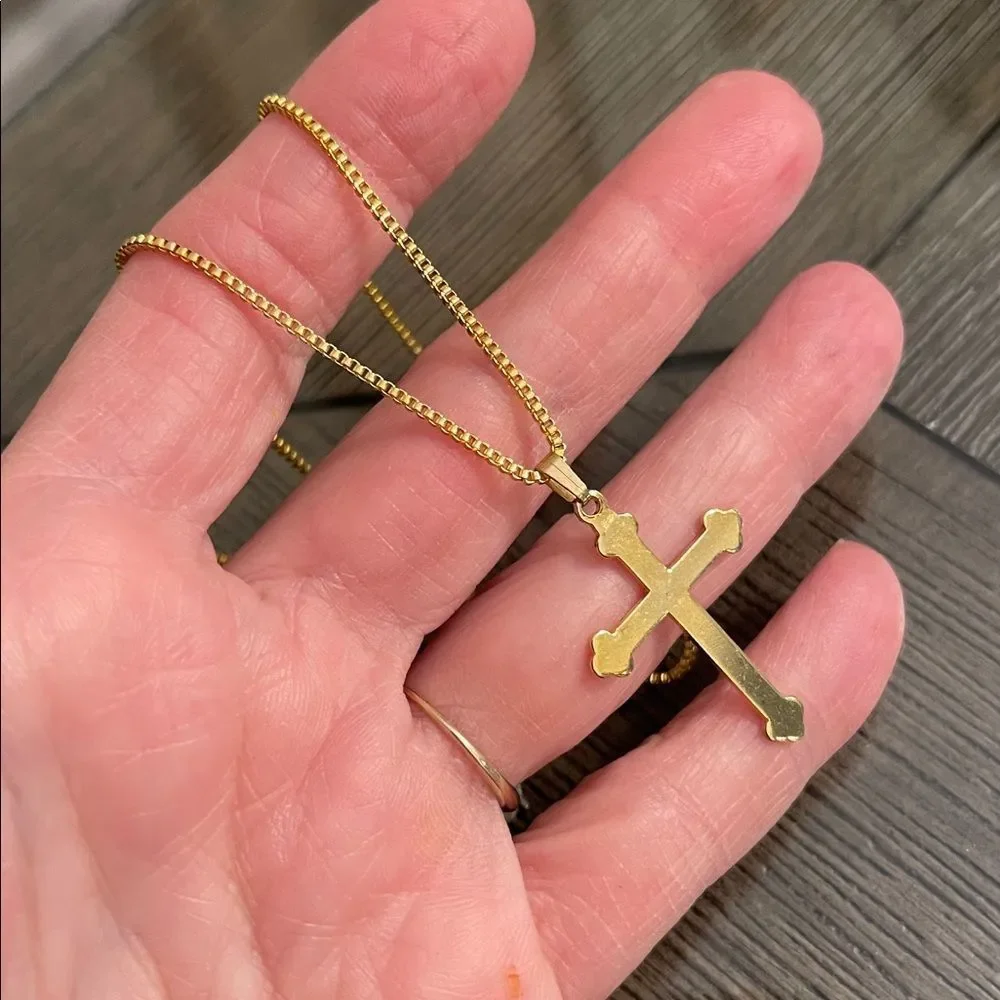 Vintage Gold-tone Cross Pendant on a Square Box Link Style Chain 20.25” approx